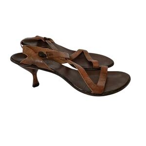 CYDWQO Brown Leather Sling Back Kitten Heel Sandals